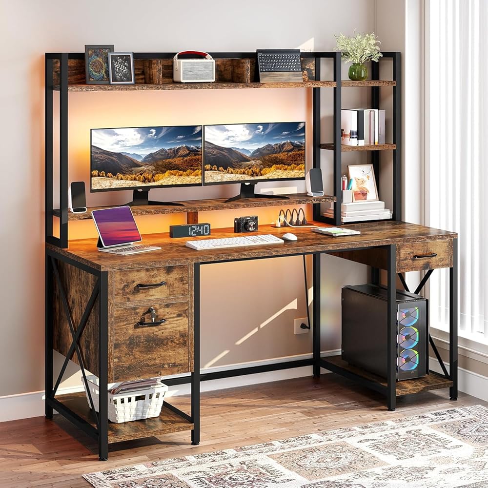 DWVO Computer Desk with Drawers & Hutch, 59.1