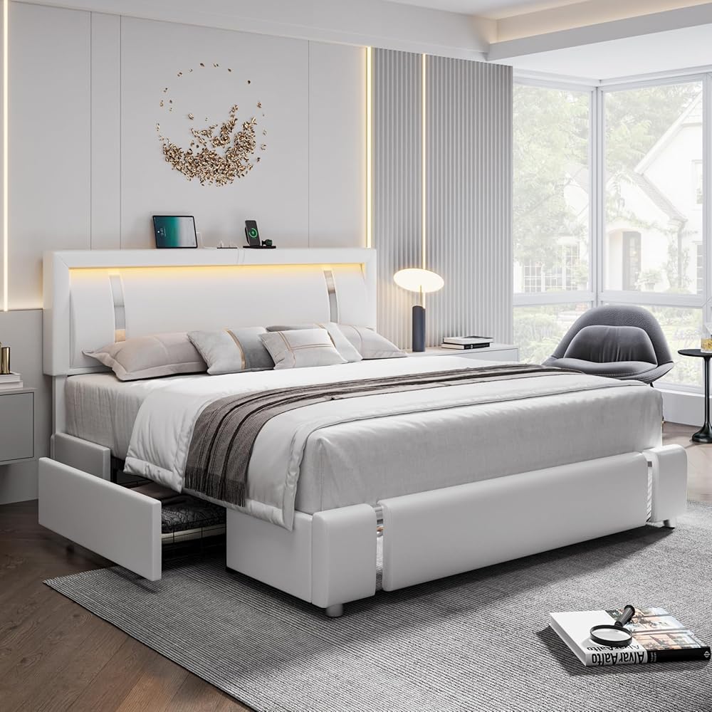 Keyluv Queen Bed Frame with RGB LED Lights Headboard & 2 Storage Drawers, Modern Upholstered Faux Leather Smart Platform Iron Metal Decor, USB USB-C Charging Ports, No Box Spring Needed, White : Home & Kitchen