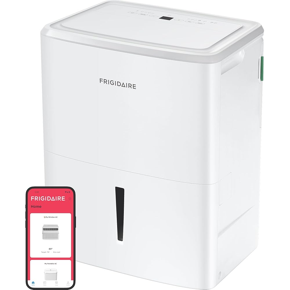 - Frigidaire 50-Pint Portable Dehumidifier with Wi-Fi and Energy Star Certification for Medium/Large Rooms & Basements, Custom Humidity Control, Auto Shut Off, White