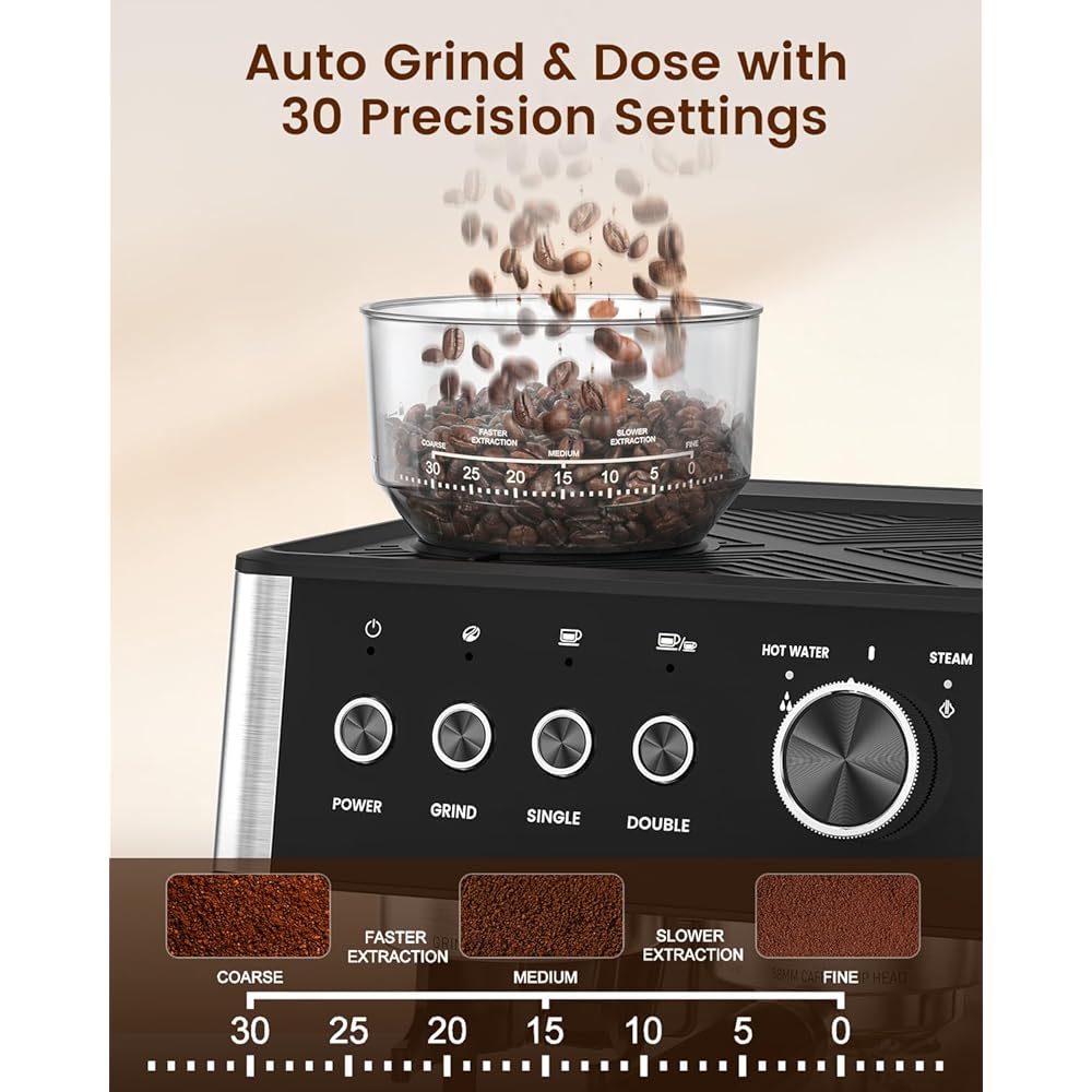 Espresso Machine with Grinder, 20 Bar Expresso Coffee Machines with Milk Frother Steam Wand, Professional Espresso Maker with Removable Water Tank, Cappuccino & Latte Machine for Home