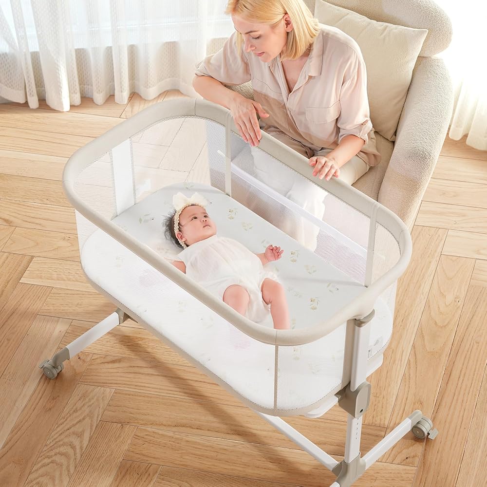 Fodoss Baby Bassinets Bedside Sleeper - All Mesh Bedside Bassinet with Wheels, 7 Height Adjustable Baby Bassinet for Infants, Beige : Baby