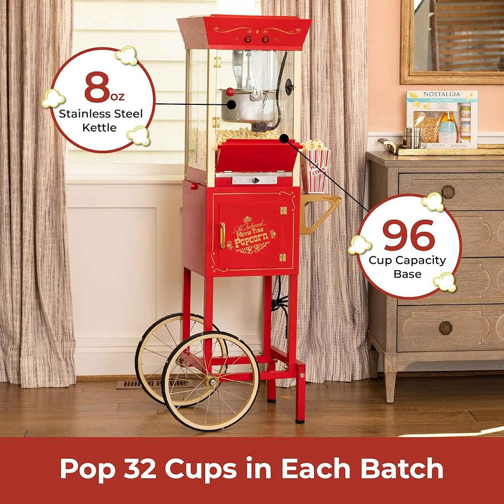 Nostalgia Popcorn Maker Machine - Professional Cart With 8 Oz Kettle Makes Up to 32 Cups - Vintage Popcorn Machine Movie Theater Style - Red: Electric Popcorn Poppers: Home & Kitchen