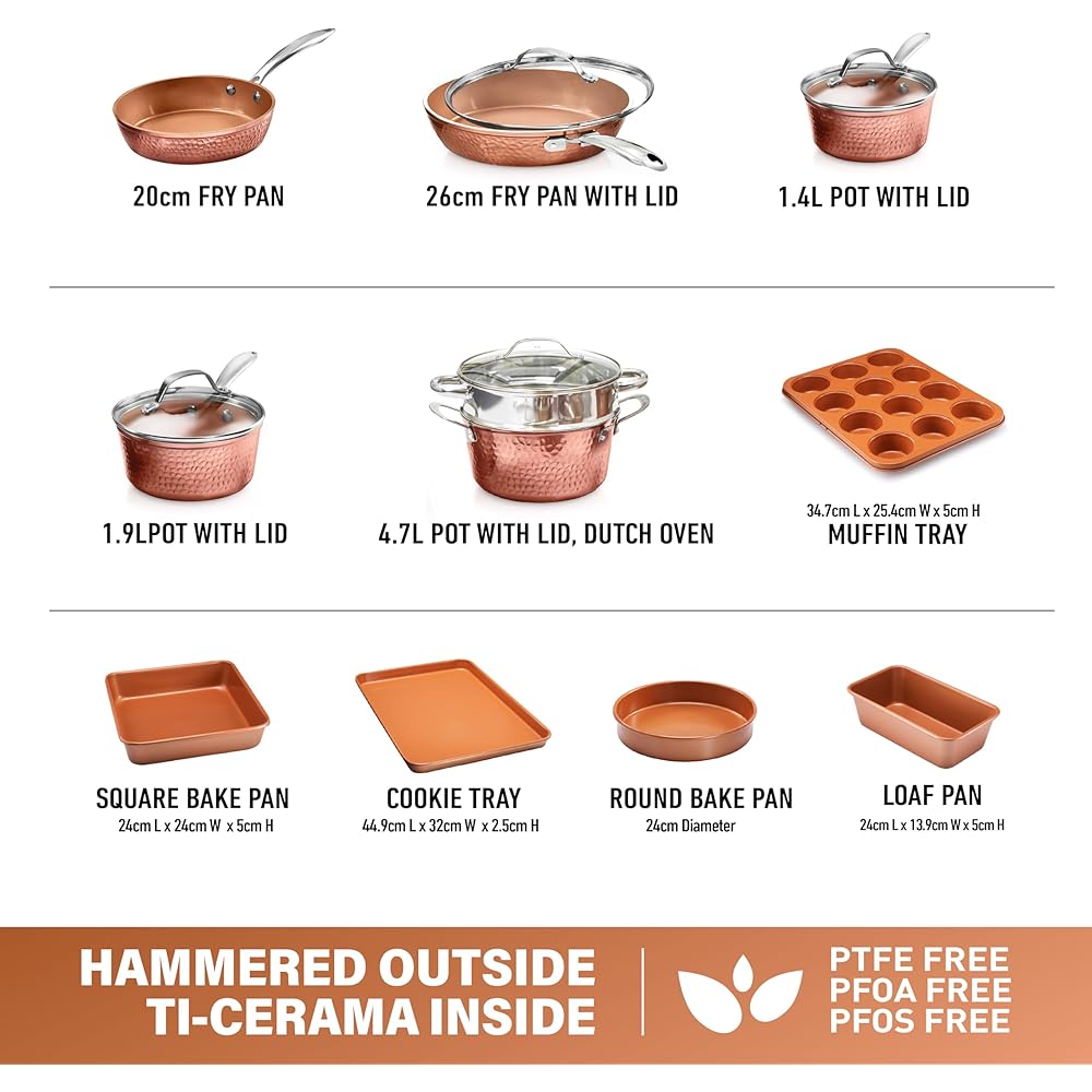 Gotham Steel Hammered 15 Pc Ceramic Cookware Set Nonstick, Deep Copper Pots and Pans Set Non Stick with Bakeware & Deep Fry Pan, Non Toxic PFOA PFOS Free, Induction Oven and Dishwasher Safe