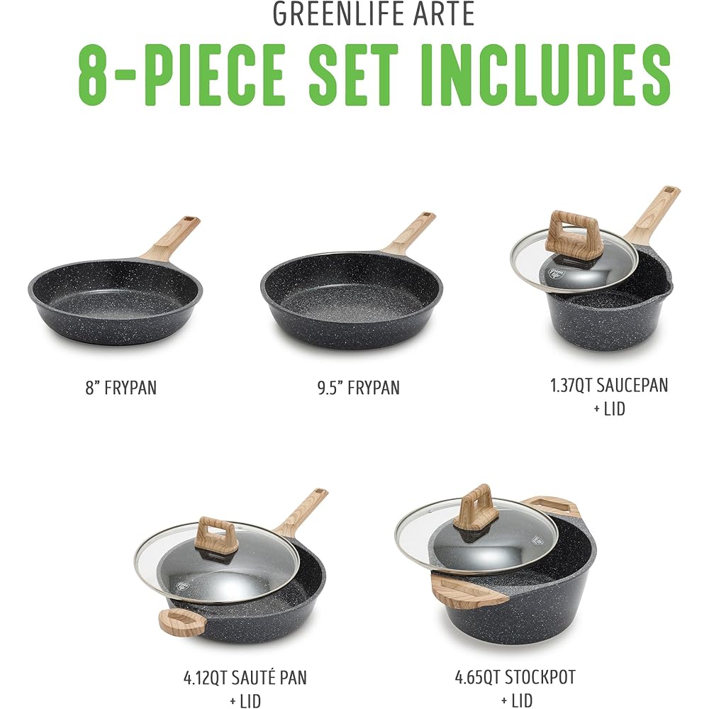 GreenLife 8 Piece Ceramic Nonstick Cookware Set, Induction Suitable Non Toxic PFAS-Free Pots & Pans, Dishwasher Safe, Cooking Set, Stock Pot, Saucepans & Frying Pans, Kitchen Cooking, Granite Black