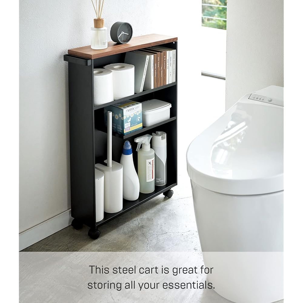 Yamazaki Home Rolling Slim Bathroom Cart with Handle-Storage Shelf Organizer Rack, One Size, Black : Home & Kitchen