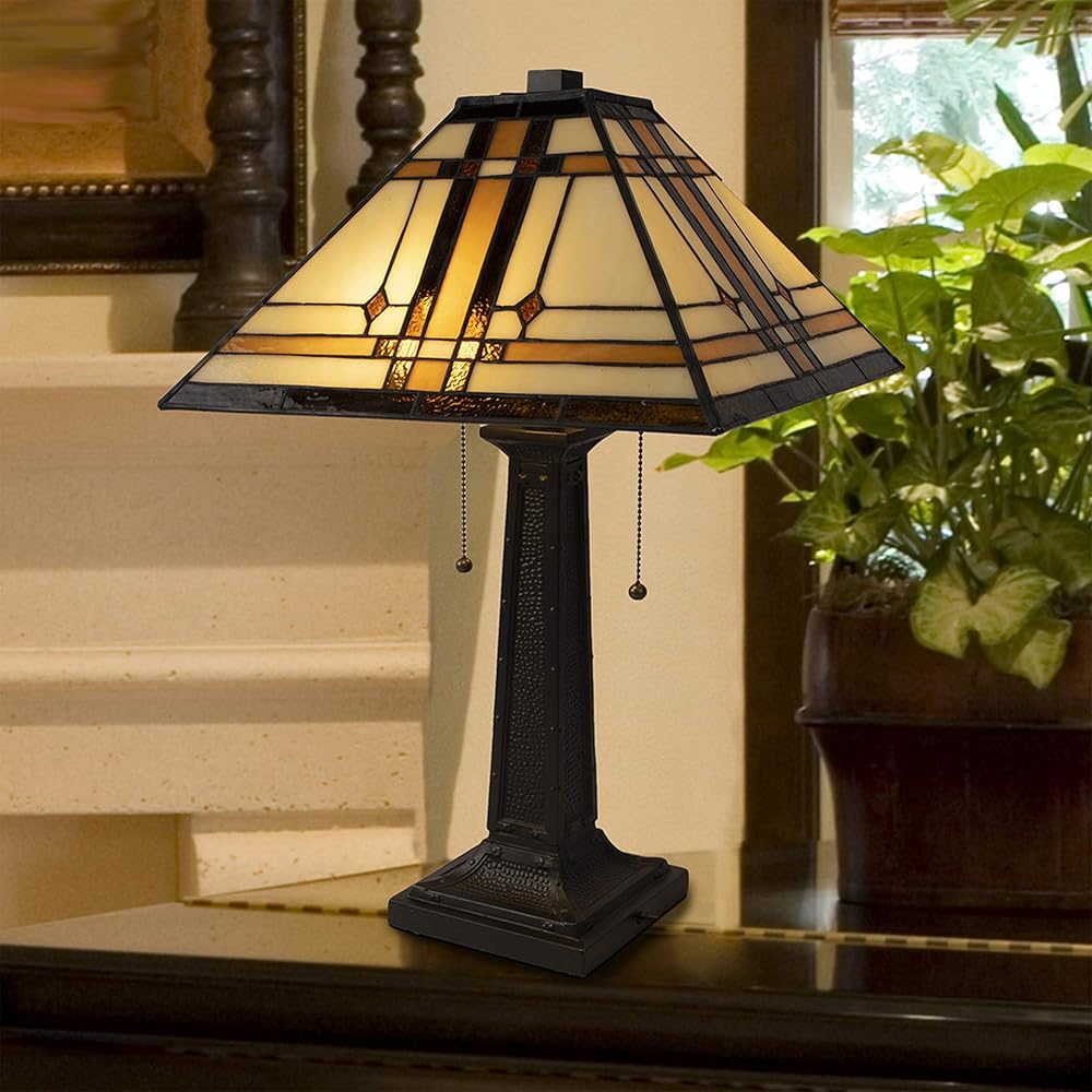 Lavish Home Tiffany-Style Table Lamp – Mission-Design Art Glass Lighting with 2 LED Bulbs Included – Vintage-Look Handcrafted Room Décor -