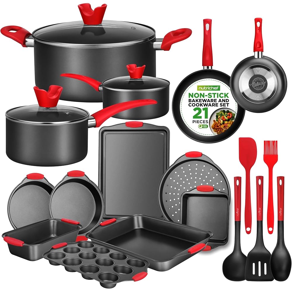 NutriChef 21-Piece Nonstick Cookware Set - PTFE/PFOA/PFOS Free Heat Resistant Lacquer Kitchen Ware Pots Pan w/ Cool-Touch Handles, Saucepan, Fry Pans, Lid, Bakeware, For Gas Electric Ceramic Cooktops: Home & Kitchen