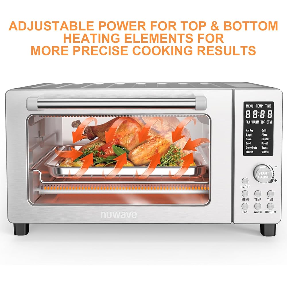 Nuwave Bravo Air Fryer Toaster Smart Oven, 10-in-1 Countertop Convection, 1800 Watts, 21-Qt Capacity, 50°-450°F Temp Controls, Top and Bottom Heater Adjustments 0%-100%, PFAS Free, Stainless Steel : Home & Kitchen