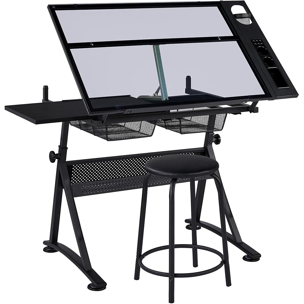 Yaheetech Drafting Table w/Stool Height Adjustable Multifunctional Art Craft Artists Desk Tilting Glass Tabletop Diamond Paintings Work Station w/2 Storage Drawers for Home Office : Home & Kitchen