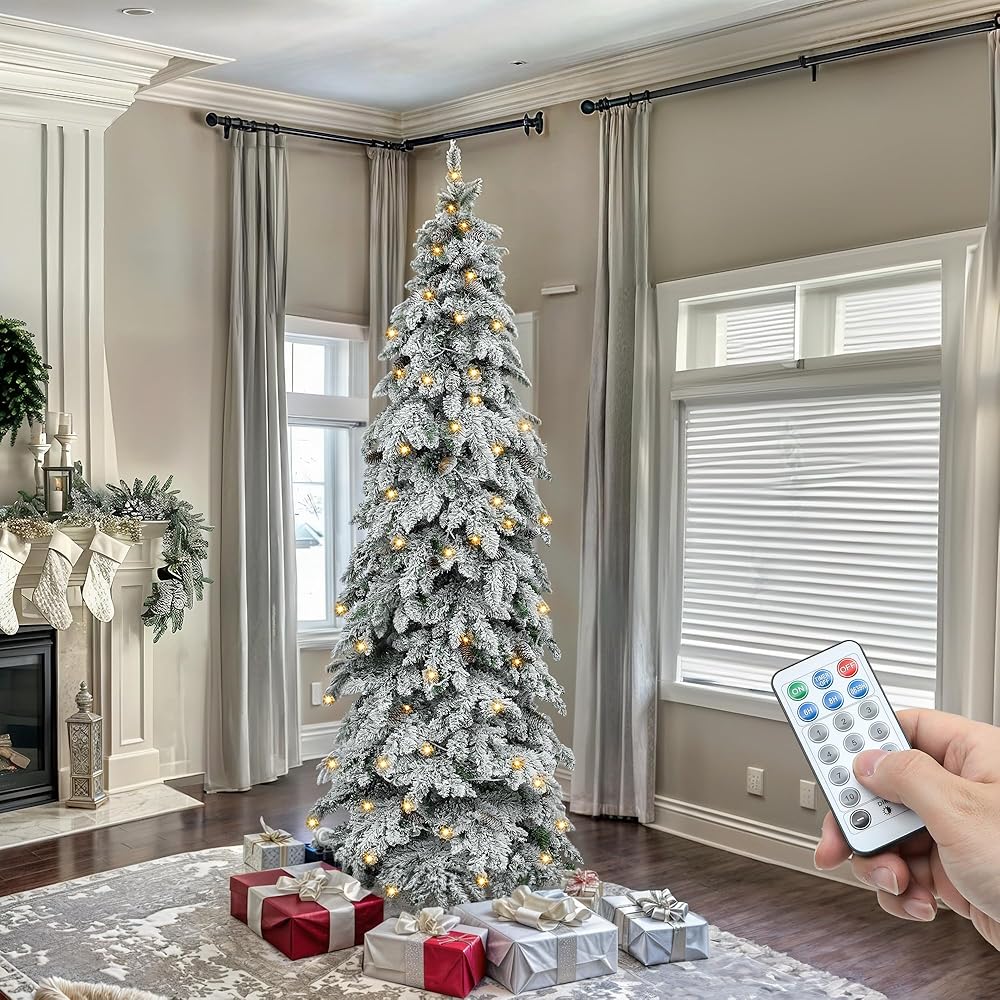 YITAHOME Pre-Lit Flocked Drooping Pencil Spruce Christmas Tree with Pine Cone, 7.5ft Natural Layered Spruce Christmas Tree w/Remote Control, 800 Branch Tips and 350 Lights for Home, Office Decoration : Home & Kitchen