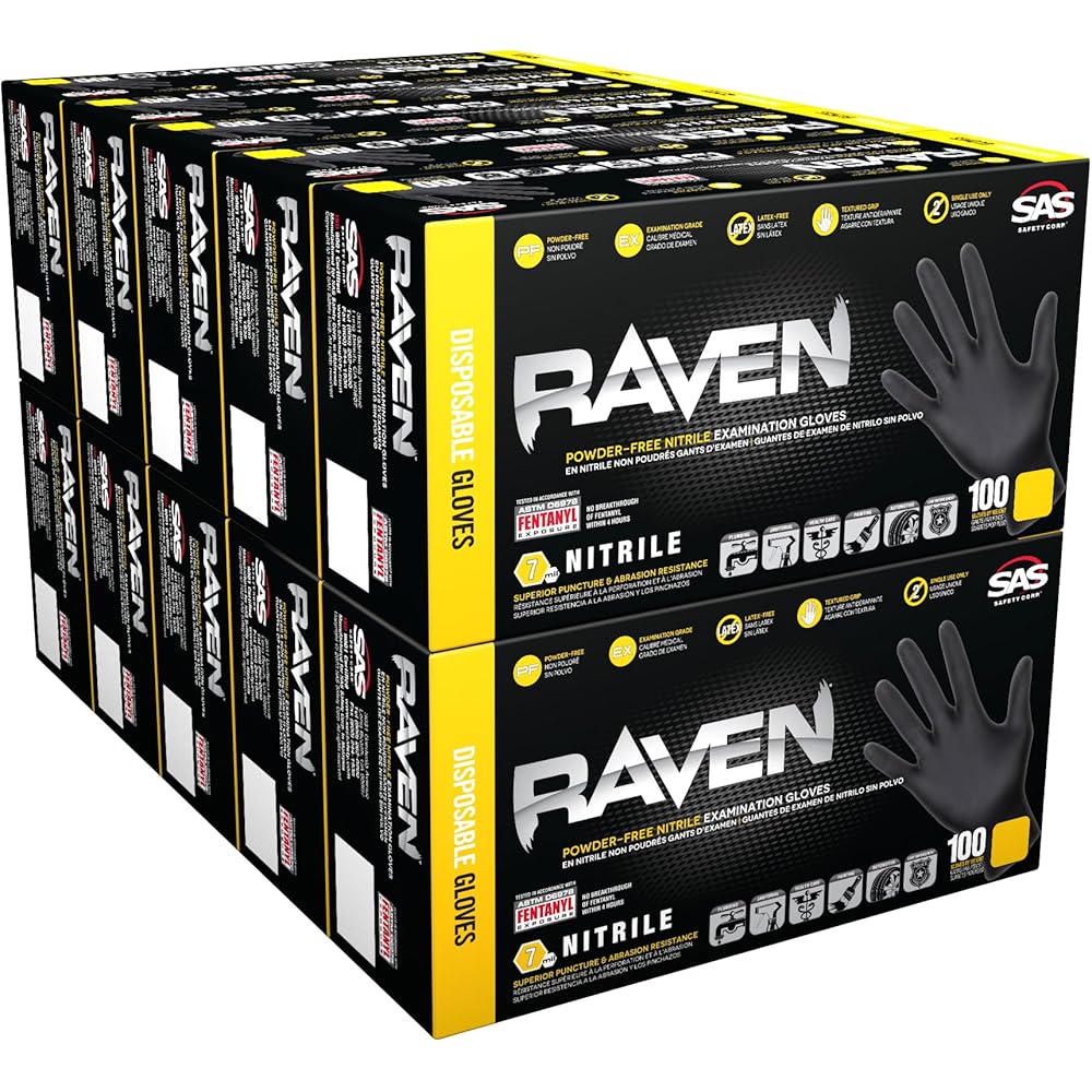 Raven Powder Free Nitrile Disposable Gloves - 10 Boxes / 100 Ea. | 1000 Gloves Total |7 Mil | Latex Free, Single Use |: Tools & Home Improvement