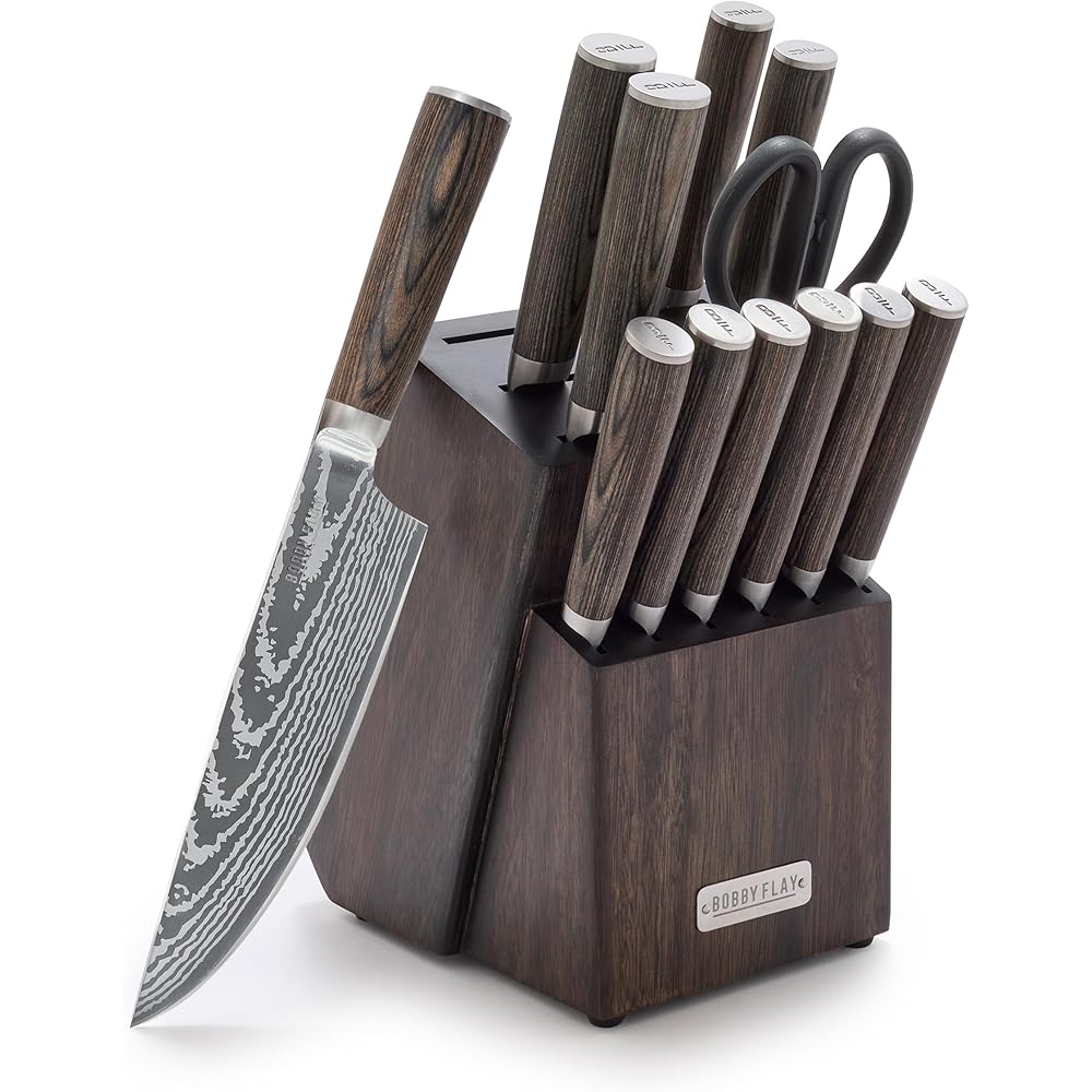 GreenPan x Bobby Flay 13 Piece Stainless Steel Cutlery Kitchen Knife Block Set, Premium Stainless Steel Blades, Acacia Wood Knife Block, Hand Finished Ergonomic Wood Handle, Damascus Steel Design: Home & Kitchen