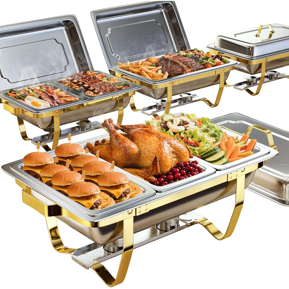 Chafing Dishes for Buffet 4 Pack 7pan, 9QT [Elegant Gold and Silver Colors] Stainless Steel Chafing Dish Buffet Set [Sturdy and High Grade] Chafers and Buffet Warmers Sets: Home & Kitchen