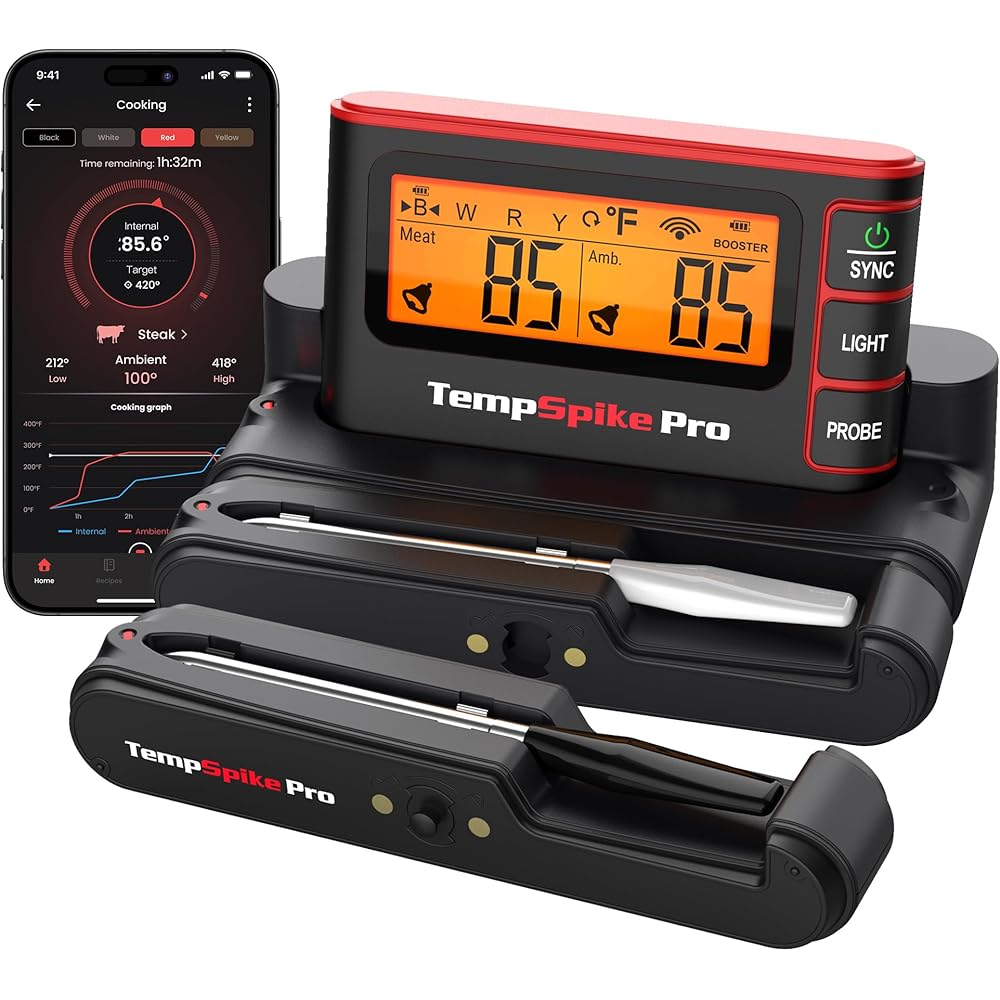 TempSpike Wireless Meat Thermometer Digital with App, WiFi & Bluetooth BBQ Grill Thermometer with High Precision, Waterproof & Heat-Resistant Probes, Rechargeable Base with Display for BBQ Smoker Oven: Home & Kitchen