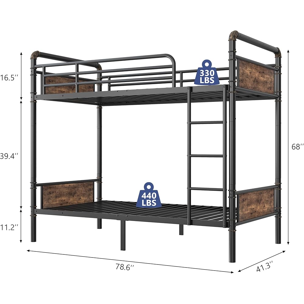 Jocoevol Metal Bunk Bed Twin Over Twin, Industrial Bunkbeds Heavy Duty Bed with Safety Guard Rails and Space-Saving Design, Steel Bed for School, Bedroom (Vintage Brown) : Home & Kitchen