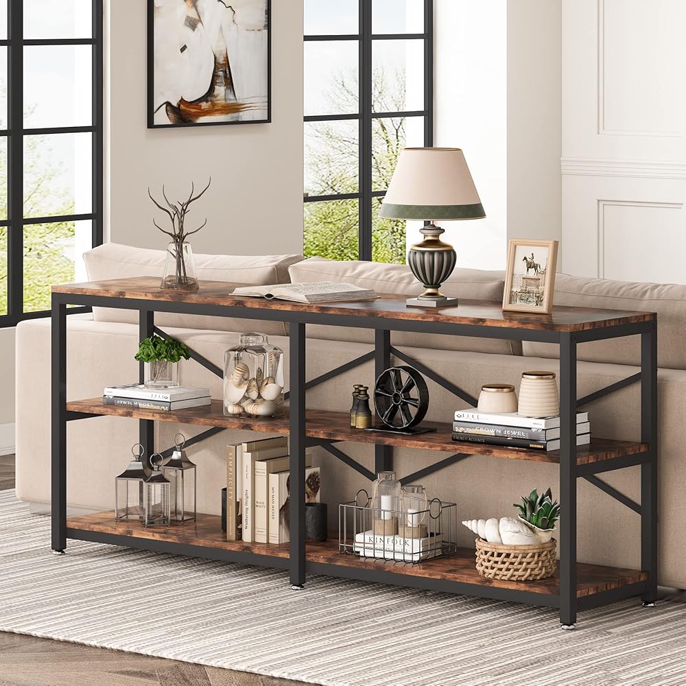 Tribesigns 70.9 Inch Extra Long Console Table, Modern Sofa Table Behind Couch Table with Storage Shelves, 3-Tier Industrial Hallway Entryway Table for Living Room, 3 Shelf Bookshelf(Brown) : Home & Kitchen