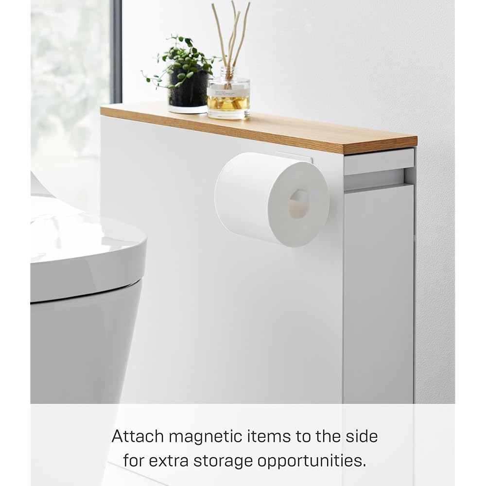 Yamazaki Home Tower Pull-Out Bathroom Storage Cabinet – Slim Bathroom Organizer with Wood Top - Steel + Wood - Holds Up to 12 Rolls of Toilet Paper and A Toilet Brush