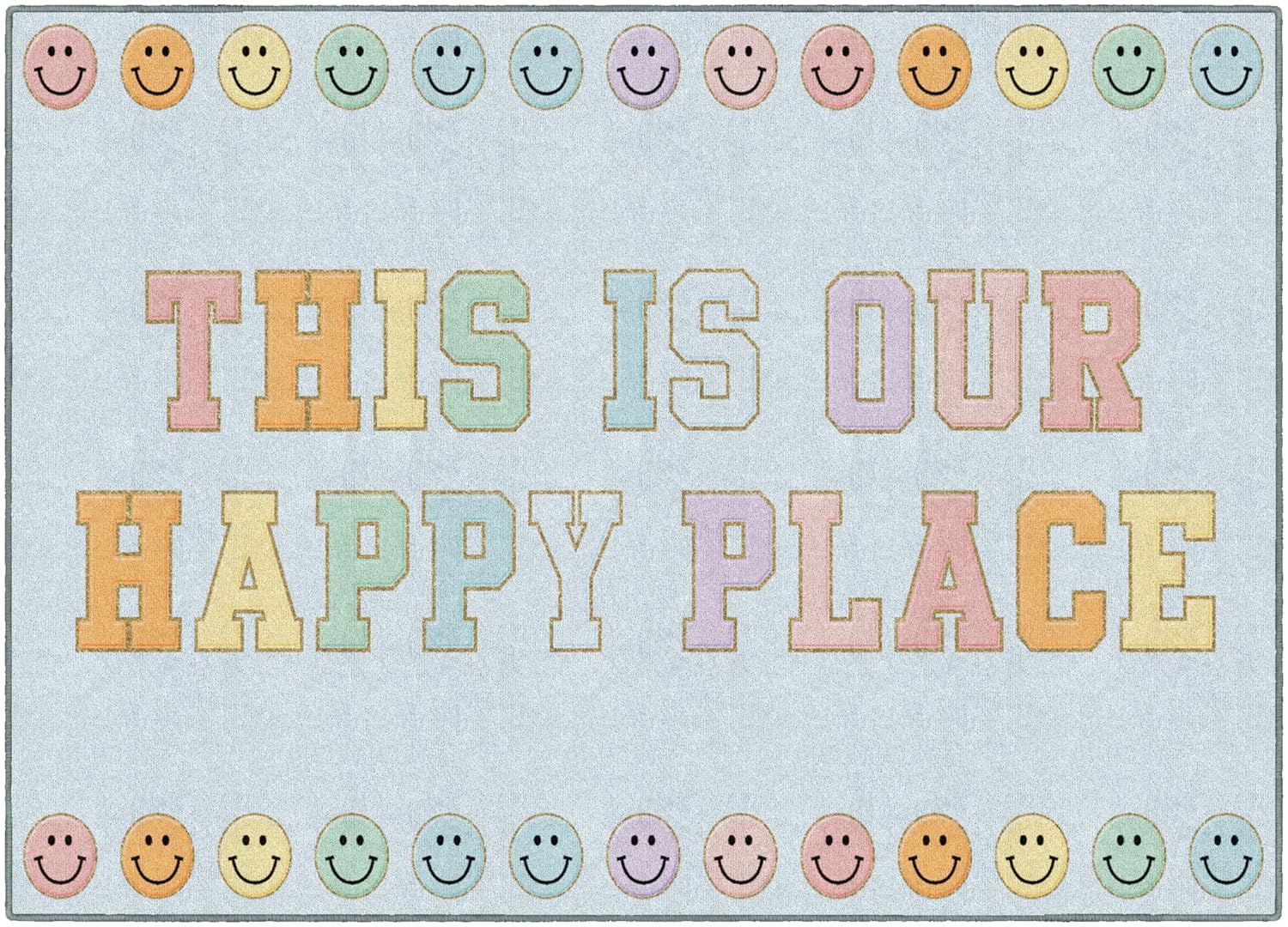 Flagship Carpets Schoolgirl Style This is Our Happy Place on Blue Educational Area Rug for Kids Room Seating Décor, Children's Classroom, Play Carpet for Teaching and Playroom, 5' x 7'6