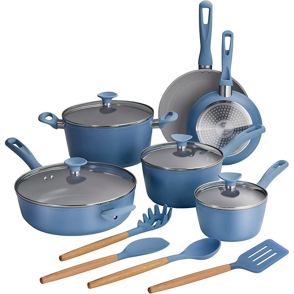 Tramontina Solara 14-Piece Ceramic Non Stick Cookware Set with Lids, Heavy-Gauge Aluminum Pots and Pans Kitchen Set with Nonstick Coating, Dishwasher and Oven Safe (Blue): Home & Kitchen
