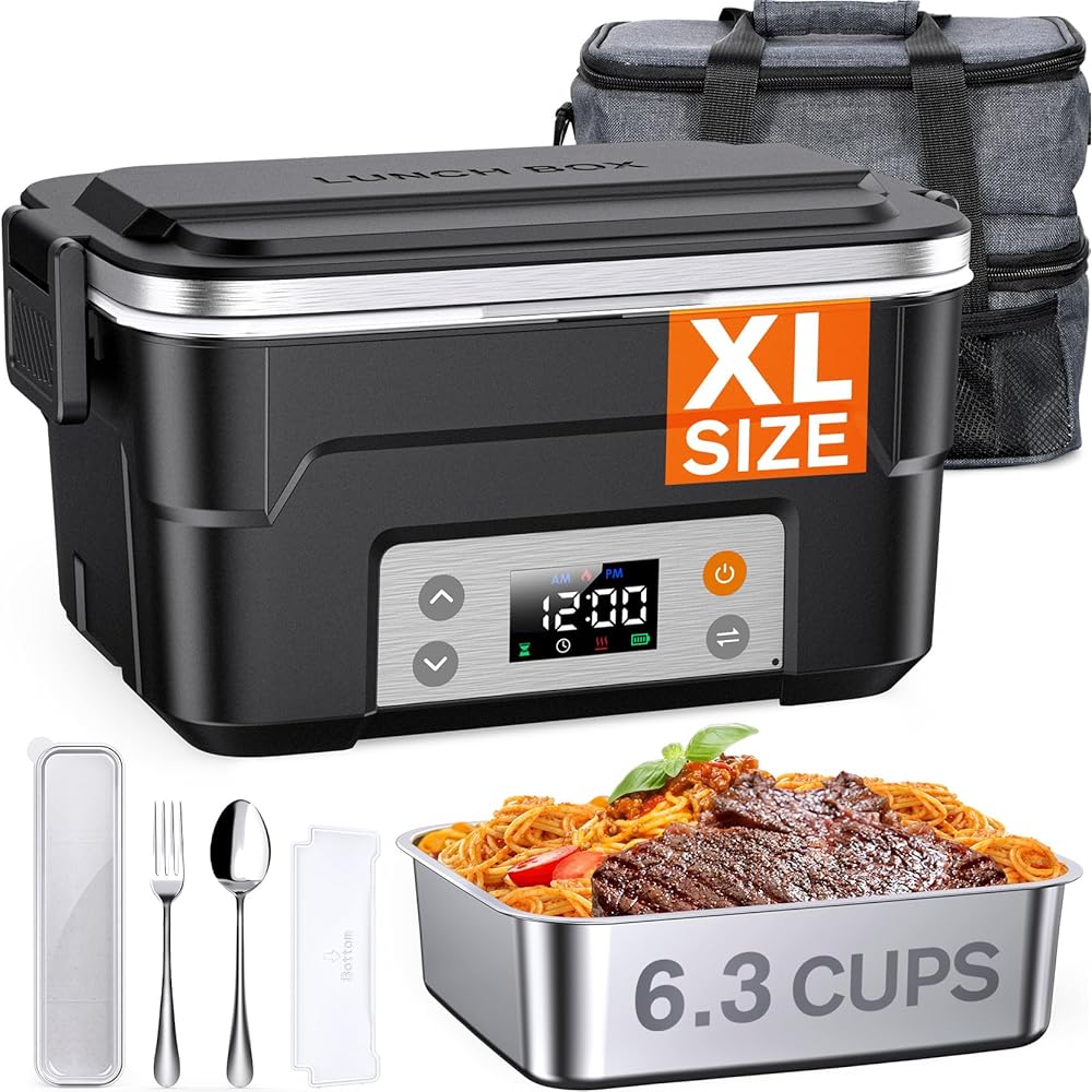 EAST OAK XL 6.3-Cup Cordless Electric Lunch Box for Adults, Heated Lunch Box for Men with Scheduled Heating, Portable Car Food Warmer with Utensils, Two-Tier Bag, Removable Divider: Home & Kitchen