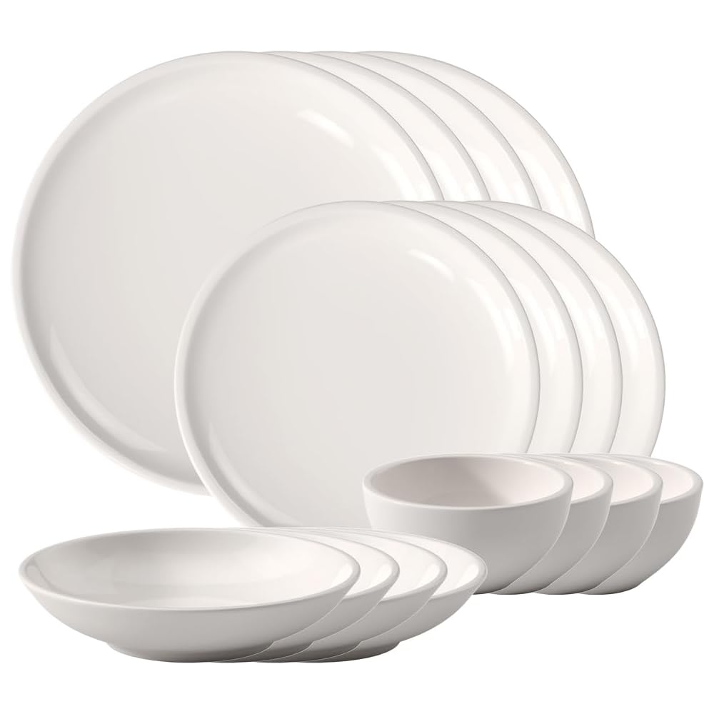 | Villeroy & Boch Artesano Original 16-Piece Dinnerware Set, Service for 4, Dinner and Salad Plates, Pasta and Rice Bowls, Premium Porcelain, Made in Germany, Microwave and Dishwasher Safe, Creamy White: Dinnerware Sets