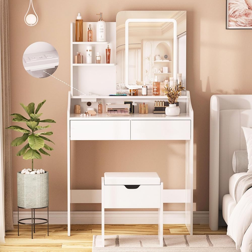 Vabches Vanity Desk with LED Light Mirror and Charging Station 30.3in, Small Vanity Set with 4 Storage Shelves 2 Drawers, Vanity for Girls Women with Storage Stool, Vanity Table for Bedroom (White) : Home & Kitchen