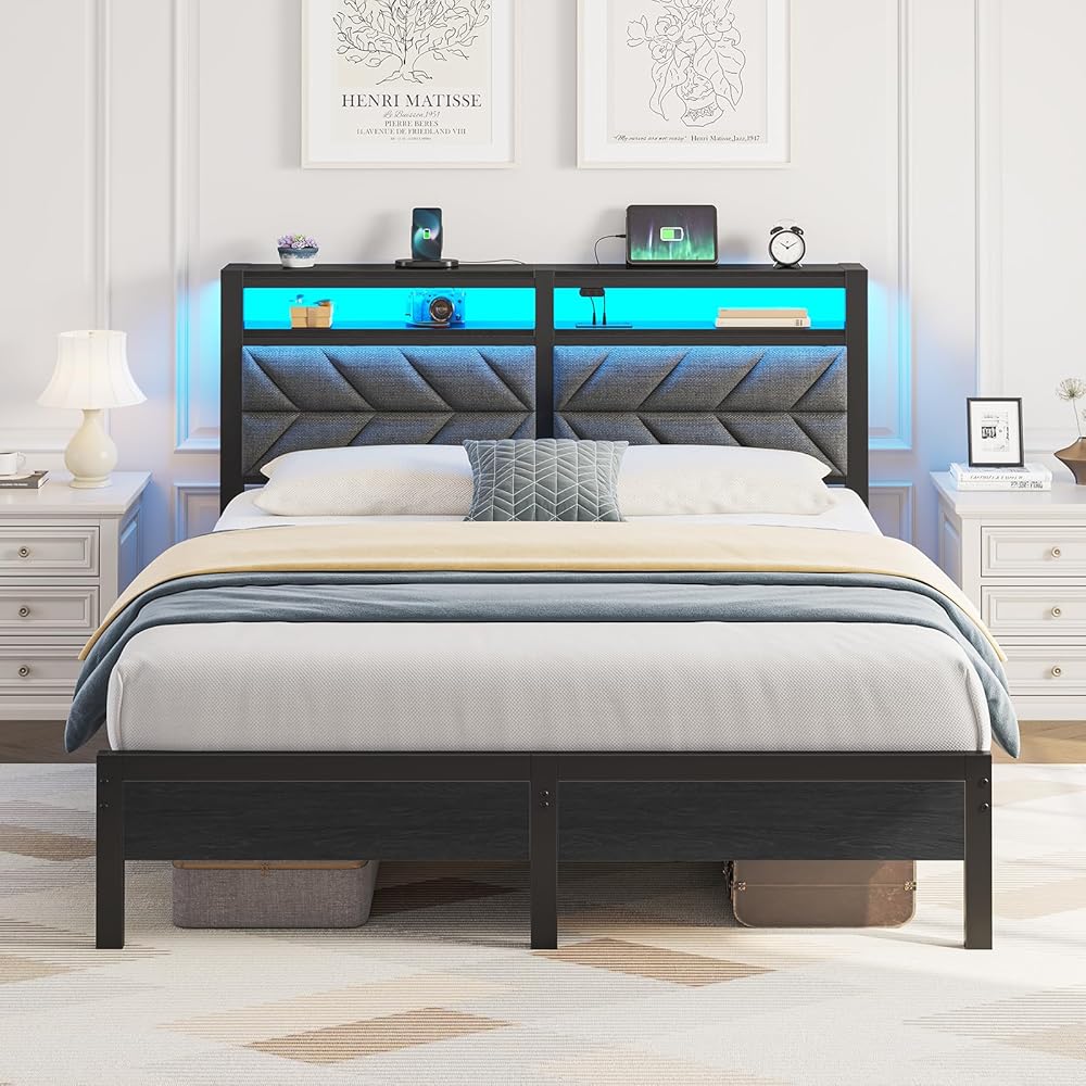 Seventable Bed Frame Queen Size with Charging Station, LED Bed with Upholstered Storage Headboard, Metal Platform Bed with Under Bed Storage, No Box Spring Needed, Noise Free, Easy Assembly, Grey : Home & Kitchen