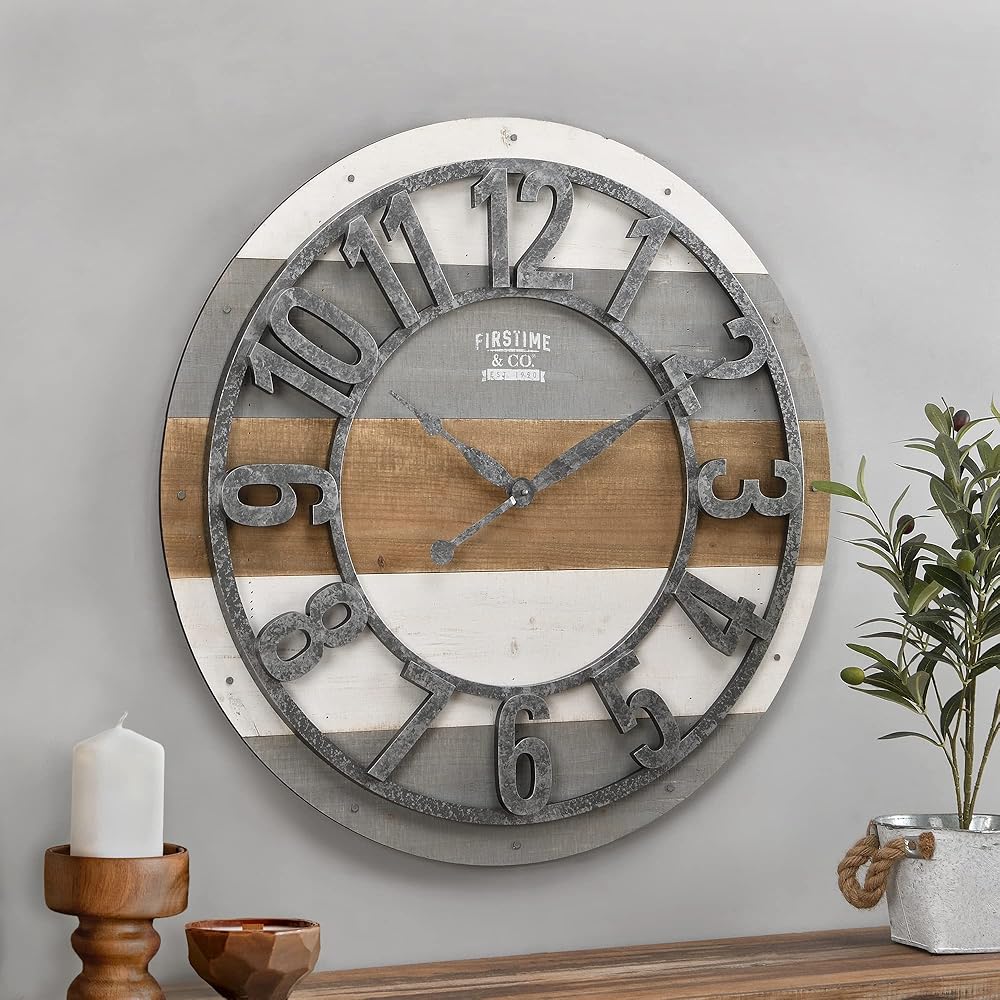 FirsTime & Co. Multicolor Shabby Planks Wall Clock, Large Vintage Decor for Living Room, Home Office, Round, Wood, Farmhouse, 27 inches : Home & Kitchen