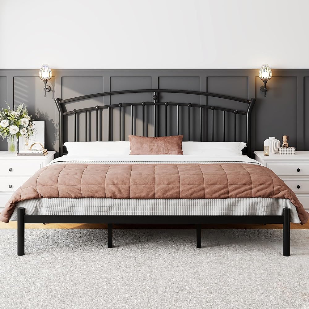 Feonase King Size Bed Frame with Headboard, Heavy-Duty Metal Black Bed Frame with 13 Hardened Steel Slats, 12