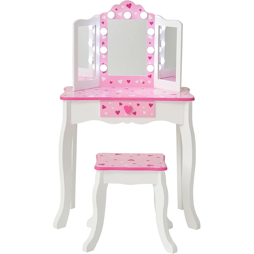 Teamson Kids Vanity Set for Girls with LED Lights, Tri-Fold Mirror, Stool & Drawer, Pretend Makeup Table for Toddlers, Heart Design, Wooden White Pink Princess Play Furniture, Ages 3+