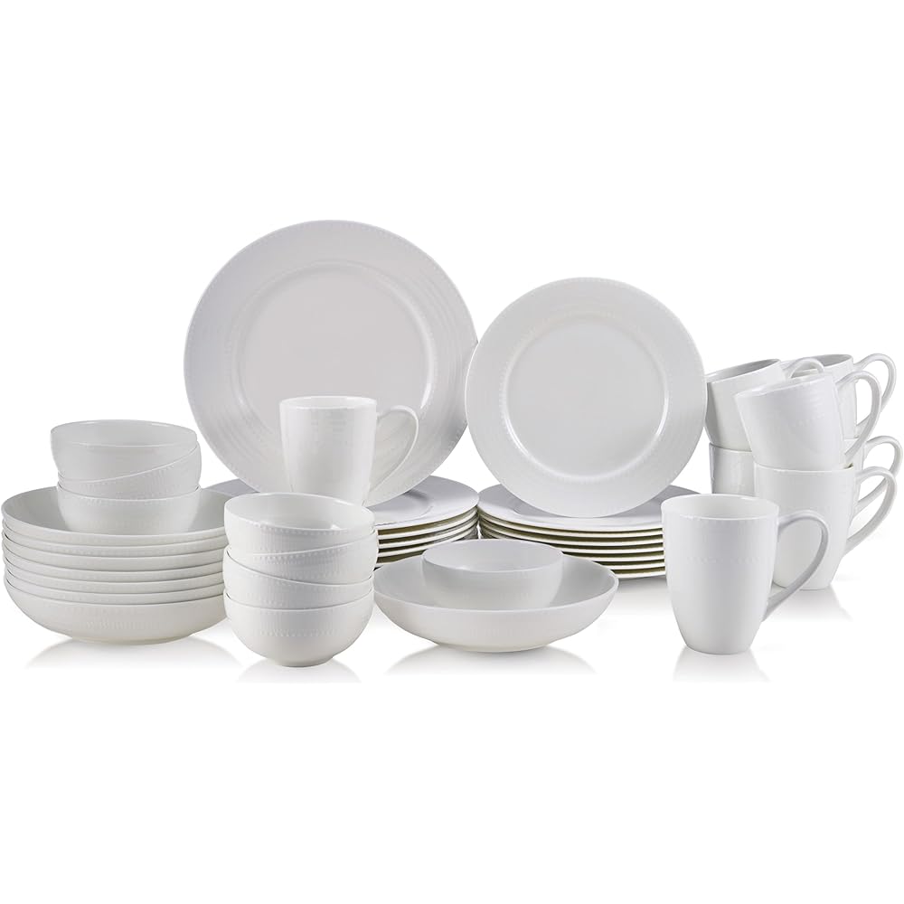 | Mikasa Annabelle Bone China 40-Piece Dinnerware Set, Service for 8, Lightweight and Chip-Resistant White Porcelain with Elegant Design: Dinnerware Sets