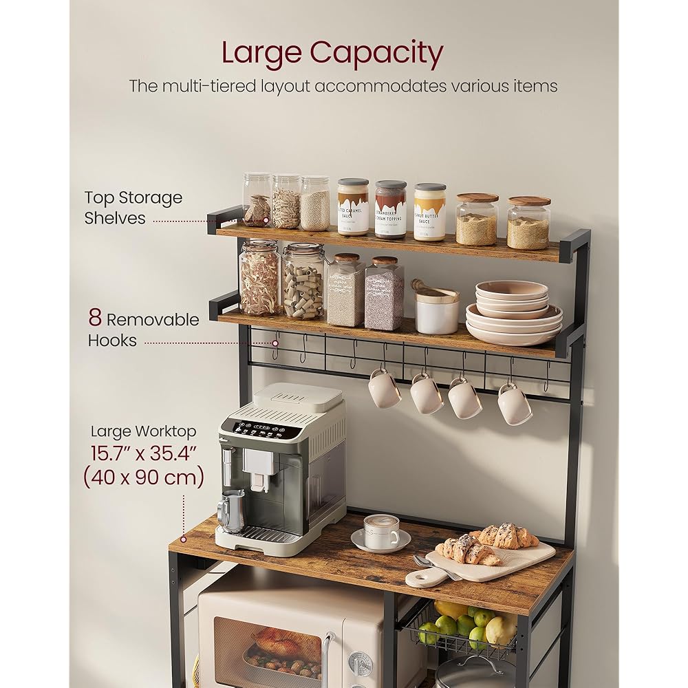 - VASAGLE Bakers Rack with Power Outlet, 35.4 Inches Microwave Stand, Coffee Bar, 4 AC Outlets, with Adjustable Shelves, 8 S-Hooks, Basket, Spice Racks, Rustic Brown and Ink Black UKKS031K01 - Standing Baker's Racks