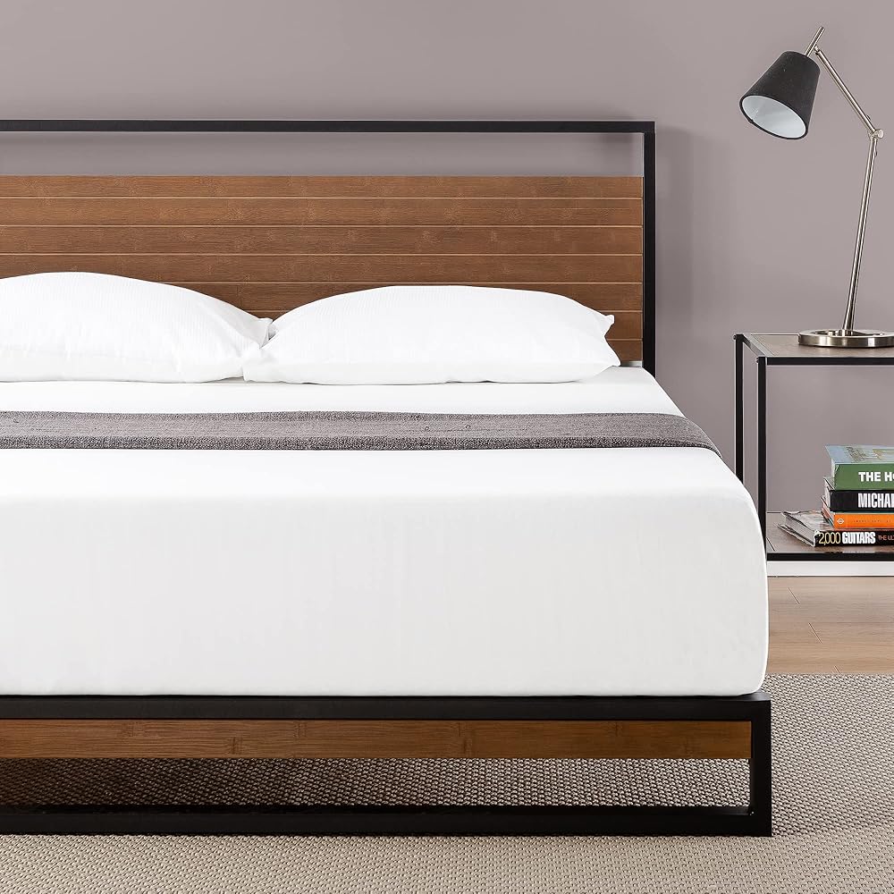 ZINUS Suzanne Bamboo and Metal Platform Bed Frame, 7-Inch Low Profile, Solid Steel Construction, No Box Spring Needed, Wood Slat Support, Easy Assembly, Chestnut Brown, Queen : Home & Kitchen