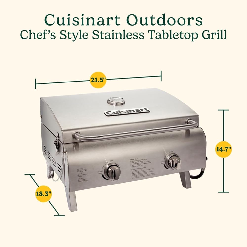 Cuisinart Chef's Style Tabletop Portable Propane Gas Grill, 20,000 BTU Stainless Steel 2-Burner Outdoor BBQ Grill for Camping, Tailgates, BBQ, Hassle-Free Setup : Patio, Lawn & Garden