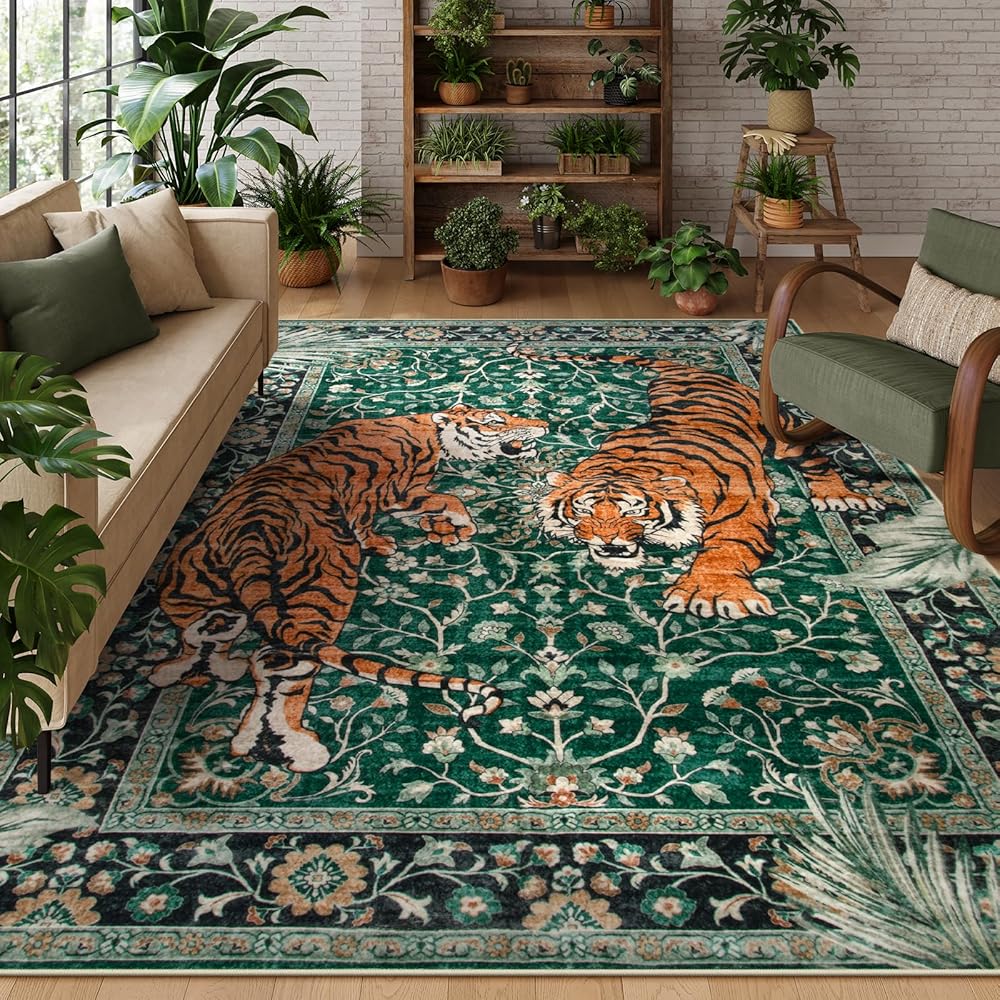 Moynesa Tiger Washable Rugs, 8x10 Area Rugs for Living Room, Soft Large Vintage 8x10 Bedroom Green Rug, Botanical Non Slip Ultra Thin Floor Carpet for Dining Room Home Office : Home & Kitchen