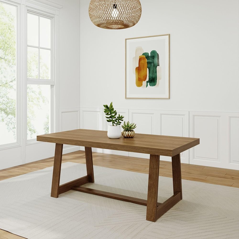 - Plank+Beam 72 Inch Farmhouse Dining Table, Solid Wood Rustic Kitchen Table, Large Wooden Rectangular Dinner Table for Dining Room, Home Office, Living Room Furniture, Easy Assembly, Pecan Wirebrush - Tables