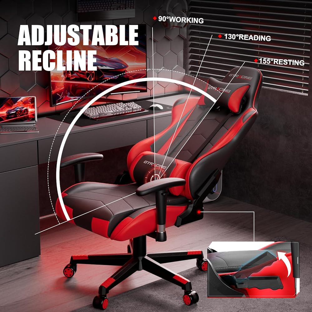GTRACING Gaming Chair Racing Office Computer Ergonomic Video Game Chair Backrest and Seat Height Adjustable Swivel Recliner with Headrest and Lumbar Pillow Esports Chair (Red) : Home & Kitchen