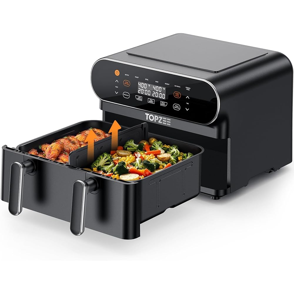 TOPZEE 11-QT Large Air Fryer - 8 in 1 XL Airfryer with Flex Basket, Divider for Dual Cooking, Preheat, Air Fry, Roast, Broil, Bake, Reheat, Dehydrate, French Fries, Dishwasher Safe, Black : Home & Kitchen