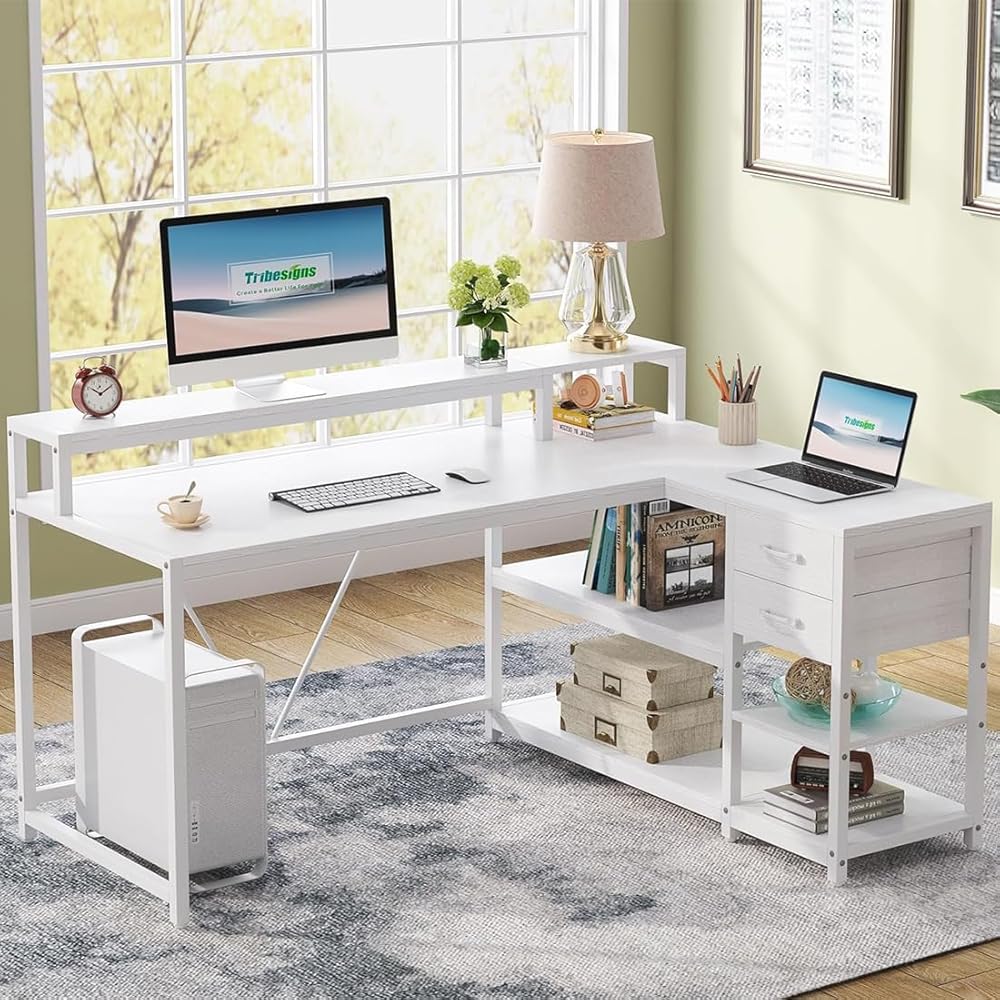 Tribesigns 55-inches Reversible L Shaped Desk with Drawer, Modern White L Corner Desk Home Office Table with Storage Shelves and Monitor Stand, Wooden and Metal PC Desk for Small Space : Home & Kitchen