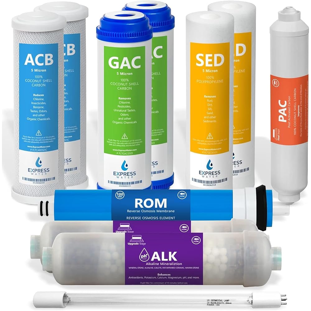 Express Water – 1 Year Reverse Osmosis System Filter Set – 11 Filters with 100 GPD RO Membrane, Carbon GAC ACB PAC, Sediment SED, Alkaline, and UV Filters – 10 inch Size Replacement Water Filters -