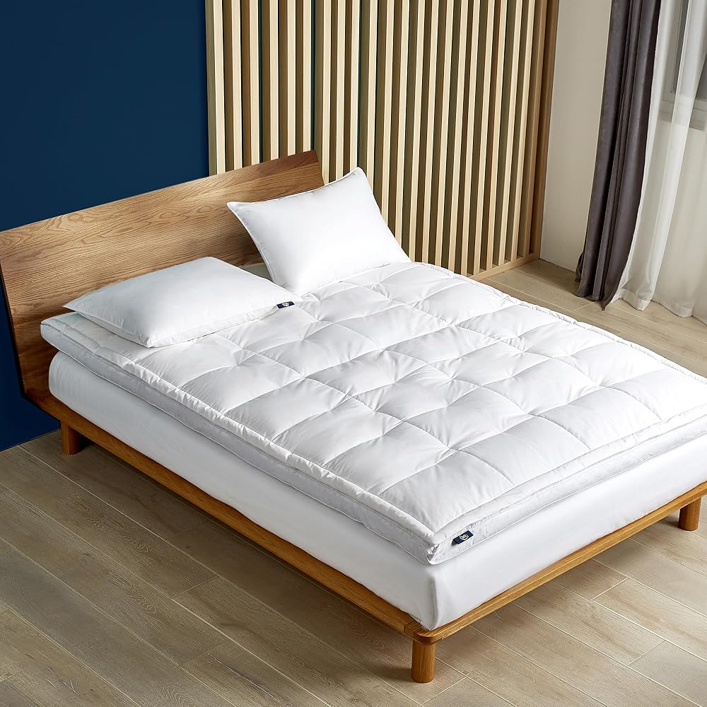 Serta Feather and Down Fiber Pillow Top Mattress Topper Queen Size - 233 Thread Count 100% Cotton Mattress Pad Ultra Soft 2-Inch Support Feather Bed-White : Home & Kitchen