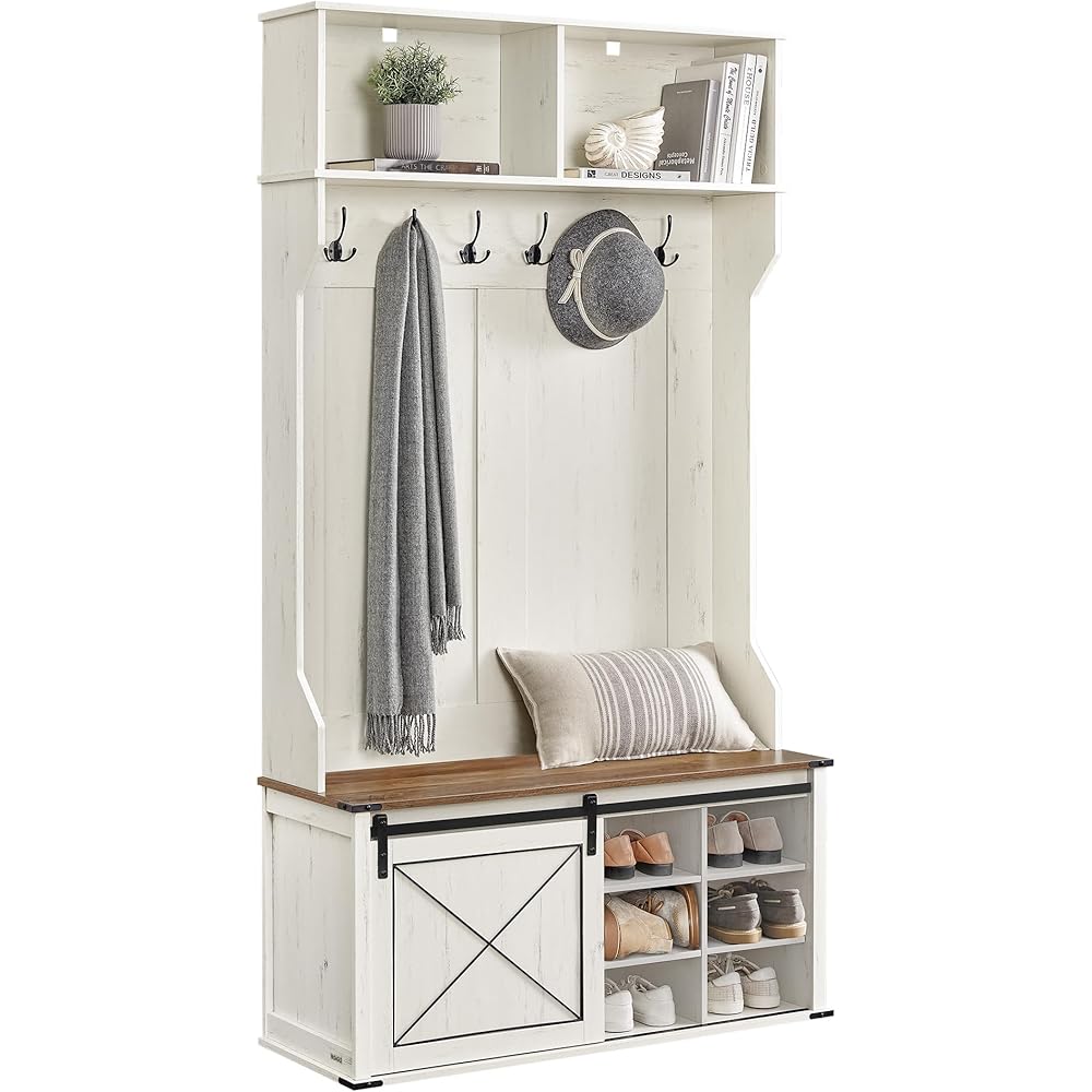 VASAGLE Hall Tree with Bench and Shoe Storage, Coat Rack with Shoe Bench, Entryway Furniture, 6 Tri-Hooks, Sliding Door, Farmfouse Style, Space Saving, Rustic White and Honey Brown UHSR442W01 : Home & Kitchen