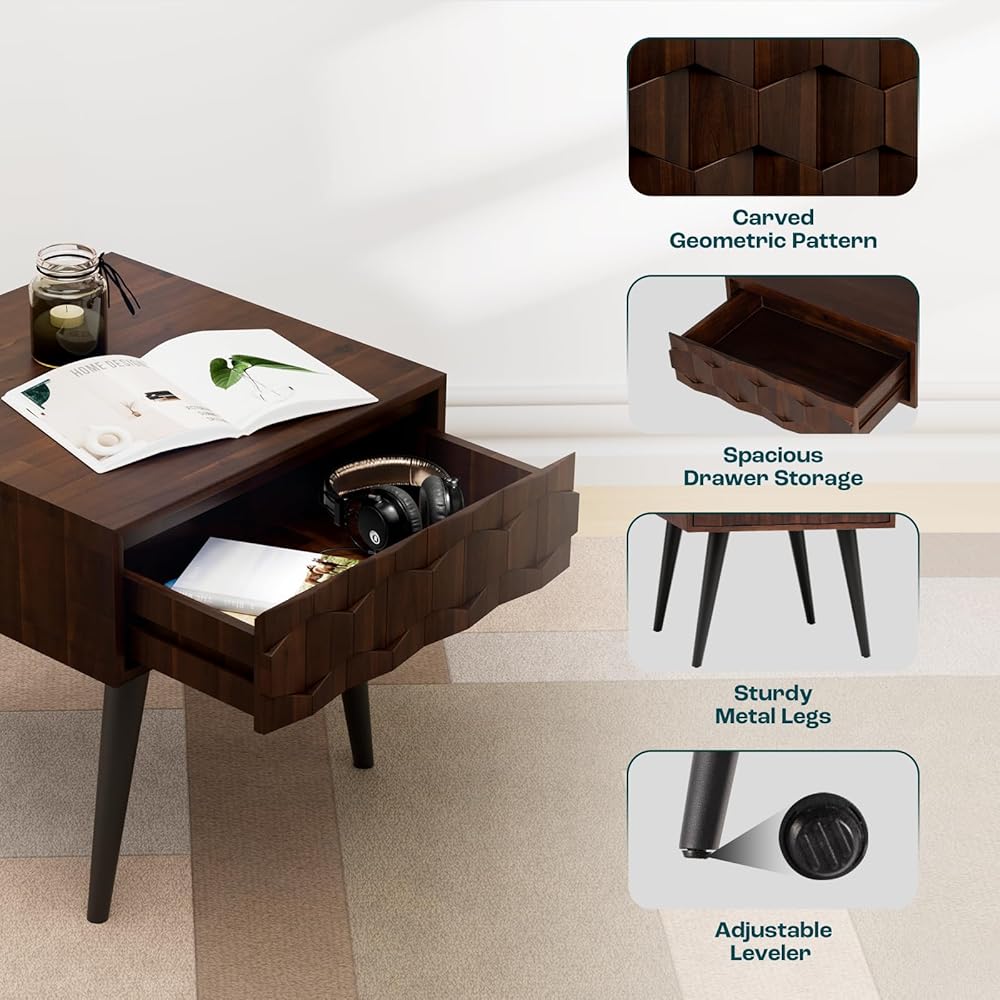 Bme Georgina Solid Wood Nightstands with Drawers - Fully Assembled Rustic Geometric Pattern Bedside Cabinet - Mid Century Modern Side Table for Living Room, Bedroom