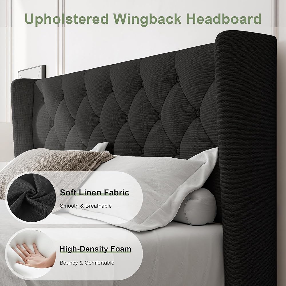 Feonase Queen Bed Frame with Upholstered Wingback Headboard, Platform Bed and Heavy Duty Wooden Slats Support, Easy Assembly, Noise-Free, No Box Spring Needed, Black : Home & Kitchen