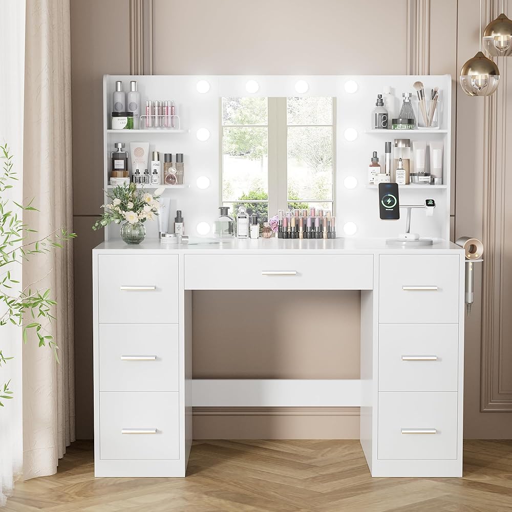 YESHOMY Vanity Desk with Mirror, Power Outlet and 10 Lights, Makeup Table with 7 Drawers, 3 Color Modes Available for Bedroom, Pure White : Home & Kitchen