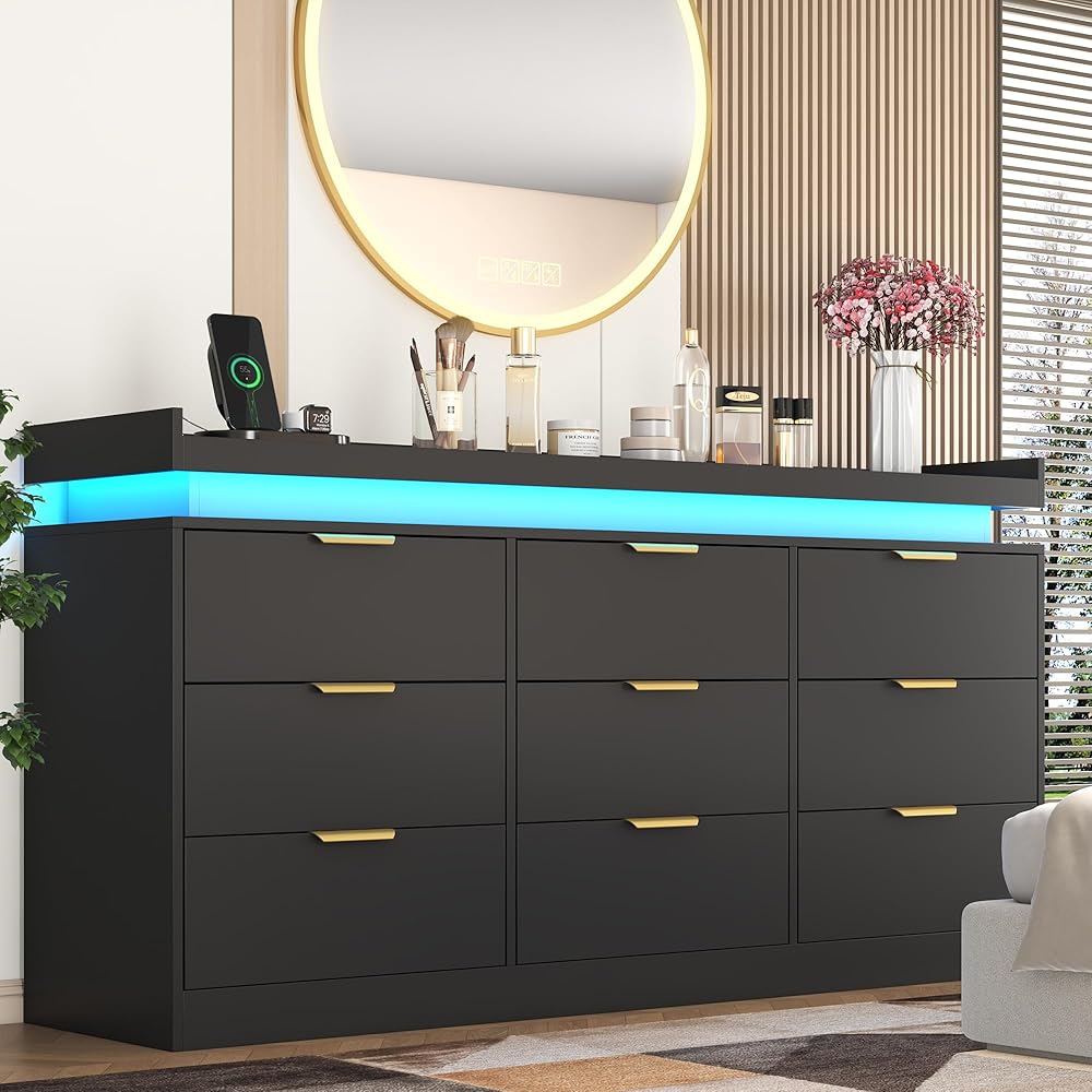 knoworld 9 Drawer Dresser for Bedroom, Black Dresser with LED Lights and Power Outlet, Large Dresser Wooden Long Dresser, Triple Wide Drawer Dresser for Bedroom, Entryway, Hallway : Home & Kitchen