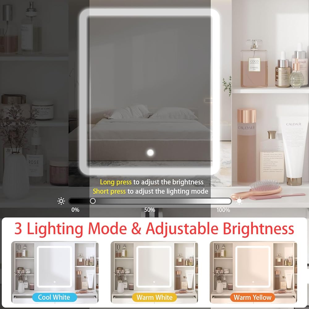 Fameill Vanity Desk with Mirror and Lights, Makeup Vanity with 5 Drawers, Makeup Desk with Charging Station and Ample Storage, Dressing Table with Chair for Bedroom Room (White) : Home & Kitchen