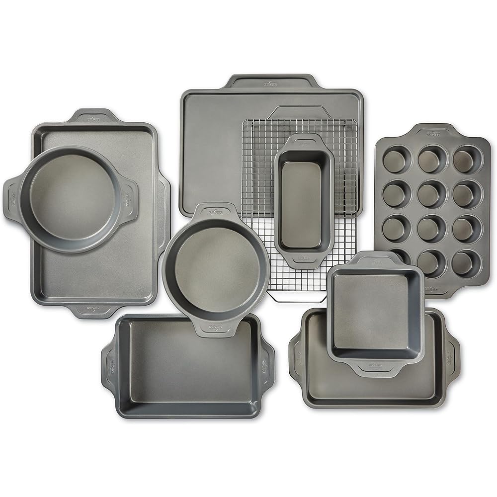 All-Clad Pro-Release Nonstick Bakeware Set 10 Piece Oven Safe 450F Half Sheet, Cookie Sheet, Muffin Pan, Cooling & Baking Rack, Round Cake Pan, Loaf Pan, Baking Pan Grey: Home & Kitchen