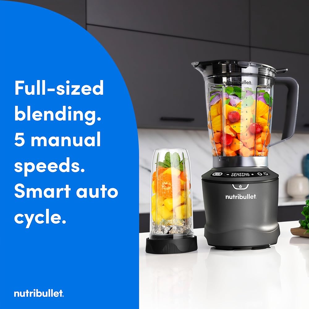 nutribullet® SmartSense Blender Combo, 1400W, 64oz Pitcher, 32oz & 24oz Cups, 5-Speed, Smoothies, Ice and Frozen Fruit, Nut Milk, Soup, Gunmetal Gray, NBF50700: Home & Kitchen