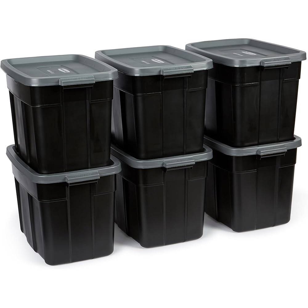 Rubbermaid Roughneck Tote 18 Gal, 6 Pack, Made in USA, Black & Gray, Rugged Plastic Stackable Storage Bins with Lids and Handles : Clothing, Shoes & Jewelry